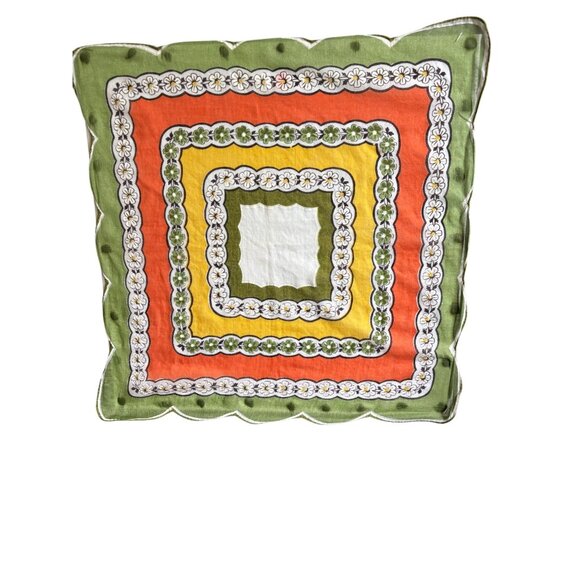 Handmade Square Vintage Scarf Pillow /Wall Art w Retro Floral Design Green Orang - Picture 4 of 6